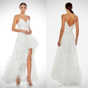 NWT Mac Duggal White Embellished Lace Flowers Formal Gown High Low Gown Size 2
